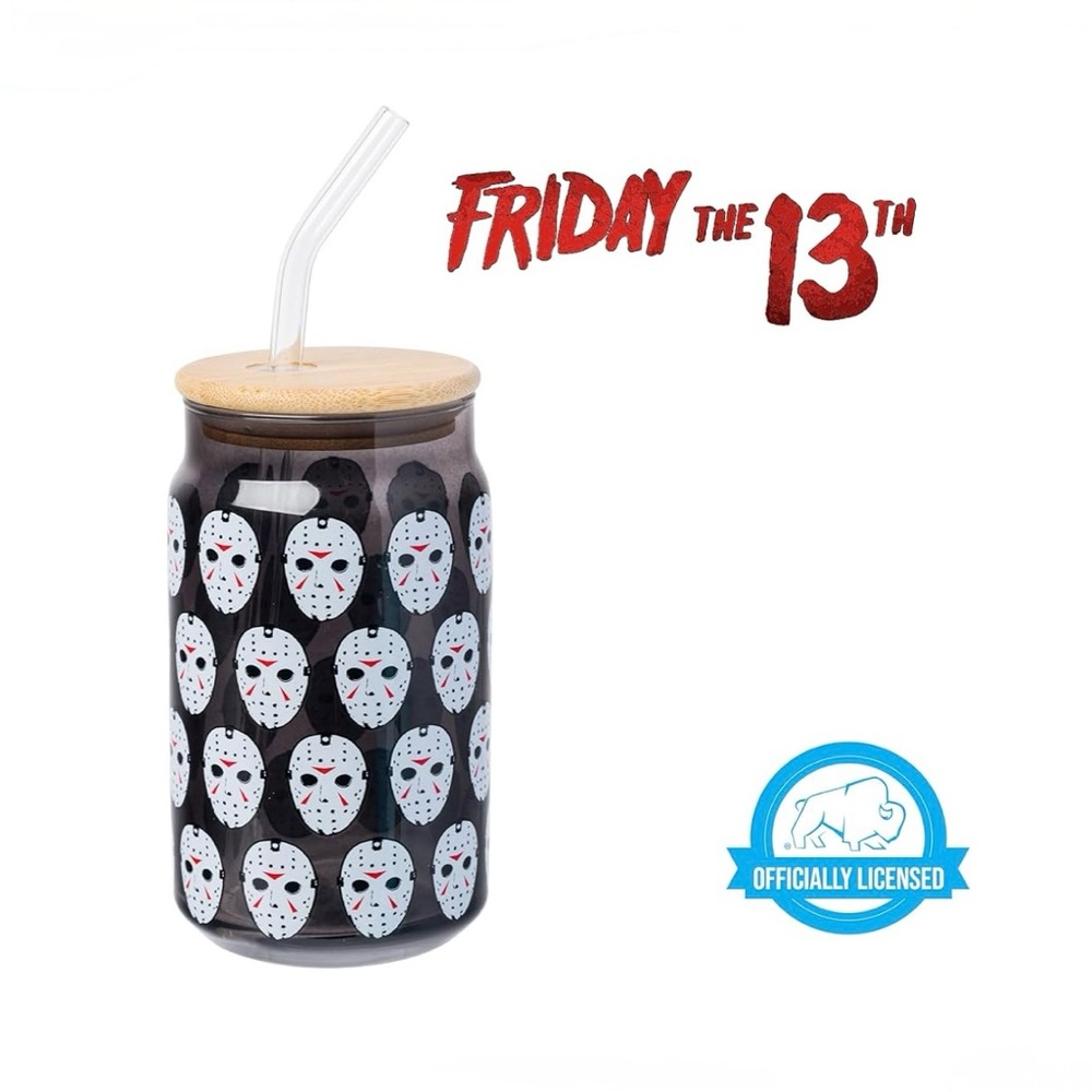 NIB Silver Buffalo Friday The 13th Jason Glass Cup w Bamboo Lid & Glass Straw